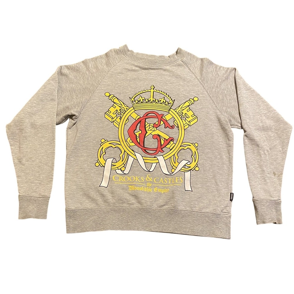 CROOKS & Castles sweatshirt Men's Small S The Monolithic Empire Logo Light‎ gray